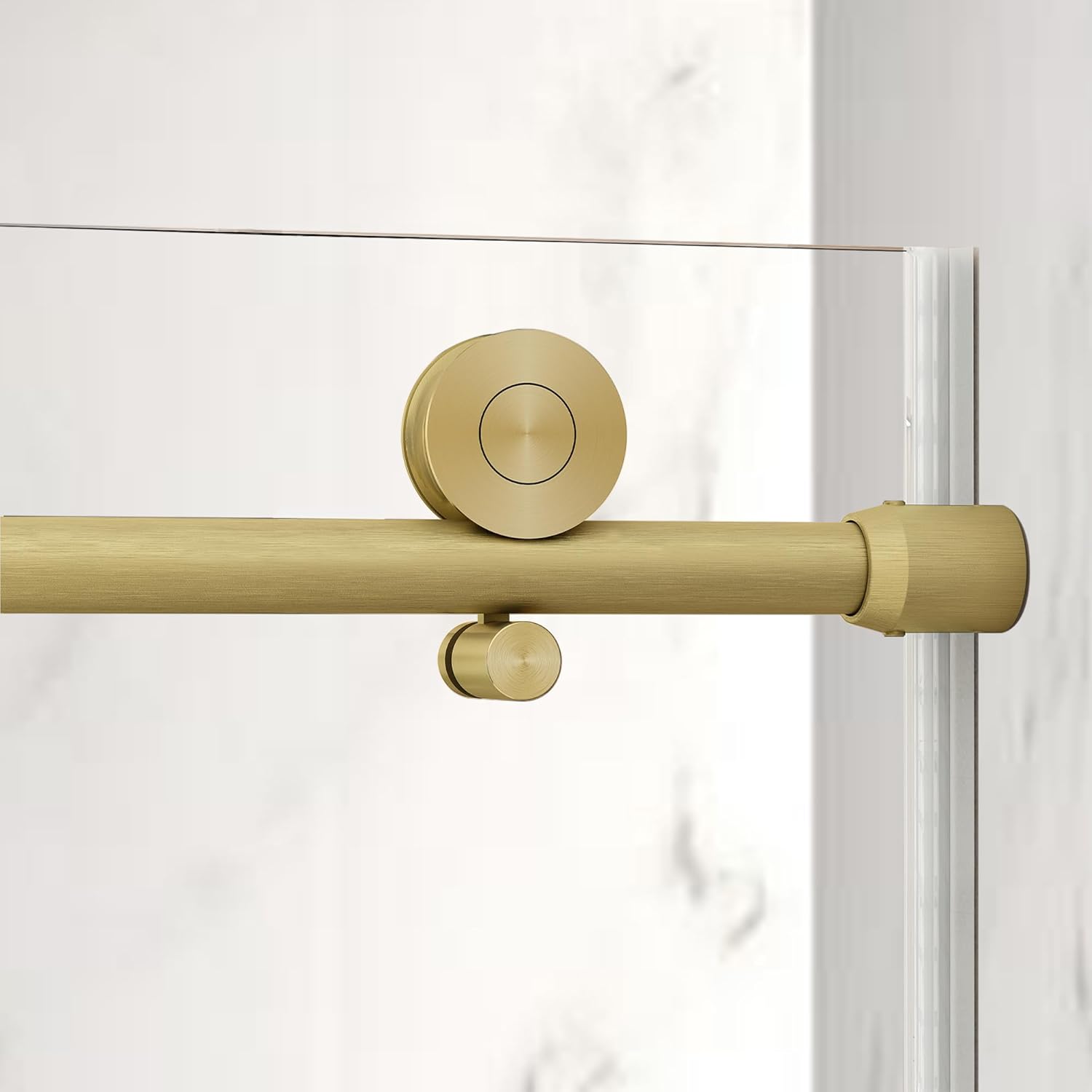 Close-up of shower door top rail and rollers
