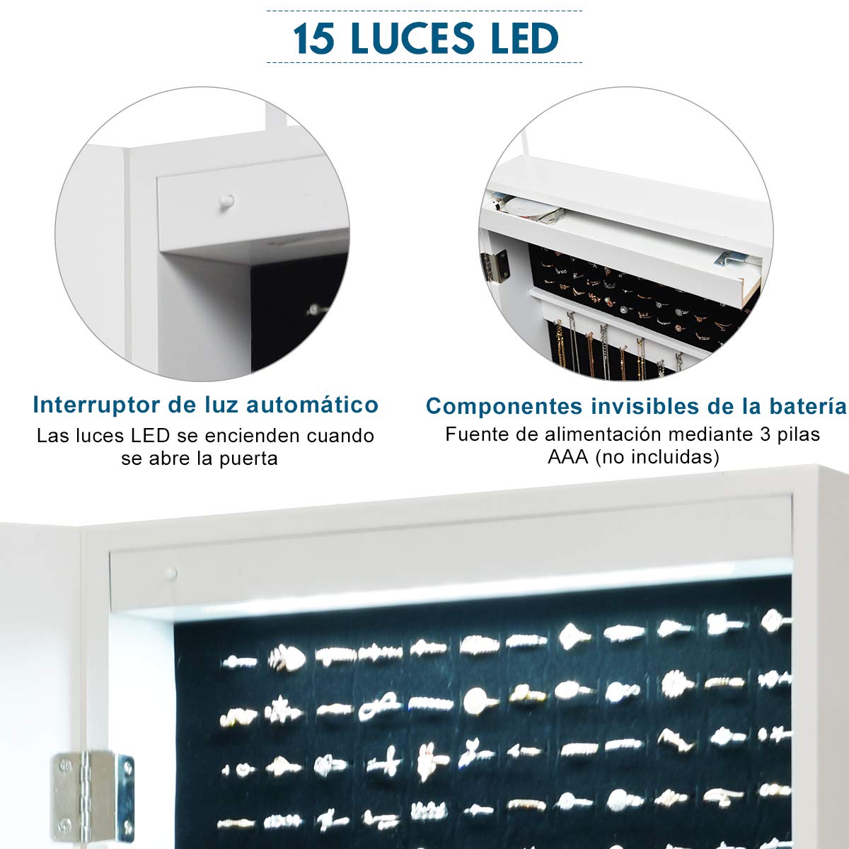 COSTWAY Armario para Joyas Espejo Joyero con 15 Luces LED Espejo de Joyería de Puerta y Pared Organizador para Anillos Cadena y Pendientes