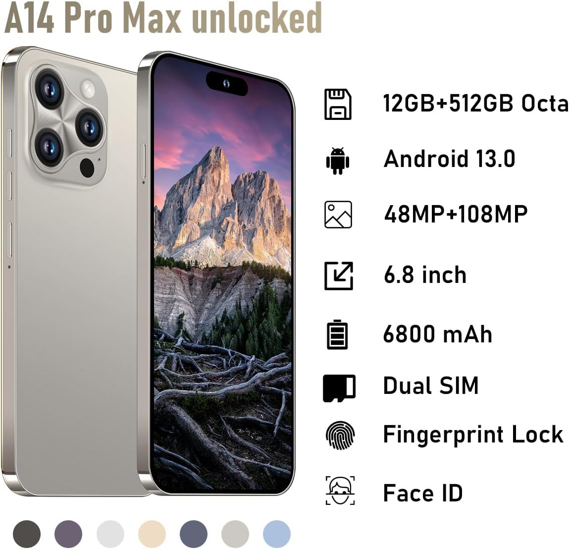 A14Promax Unlocked Cell Phones Android 13 Smart Phone With D...