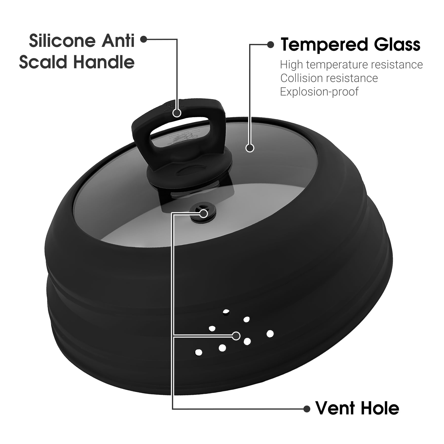 Cubierta de goteo para microondas, cubierta con asa para alimentos, plegable, silicona, cubierta con orificio de vapor para sartén o tazón (Negro, 10.5 Pulgadas)