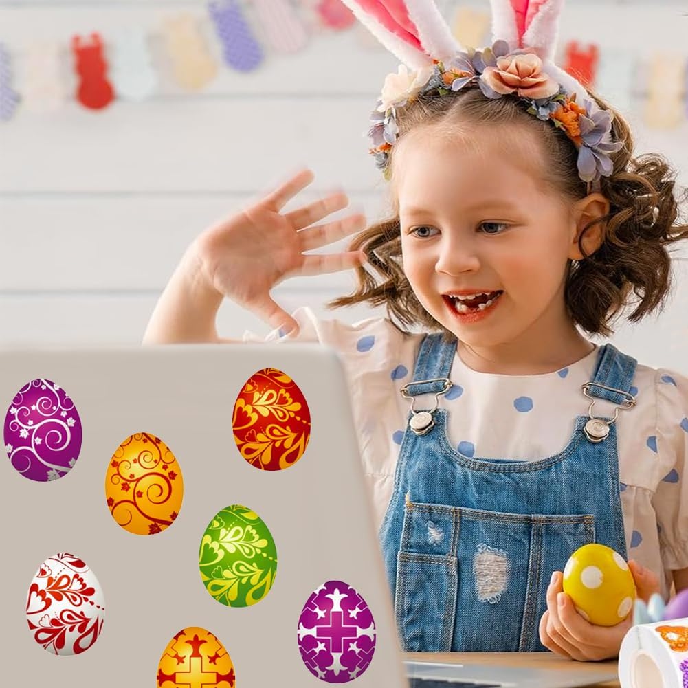 500Pcs Easter Egg Stickers Roll - 9 Pattern Designs Self-Adhesive Sealing Stickers, Multicolored Eggs Waterproof Decals for Easter Spring Party Envelope Scrapbook Decor
