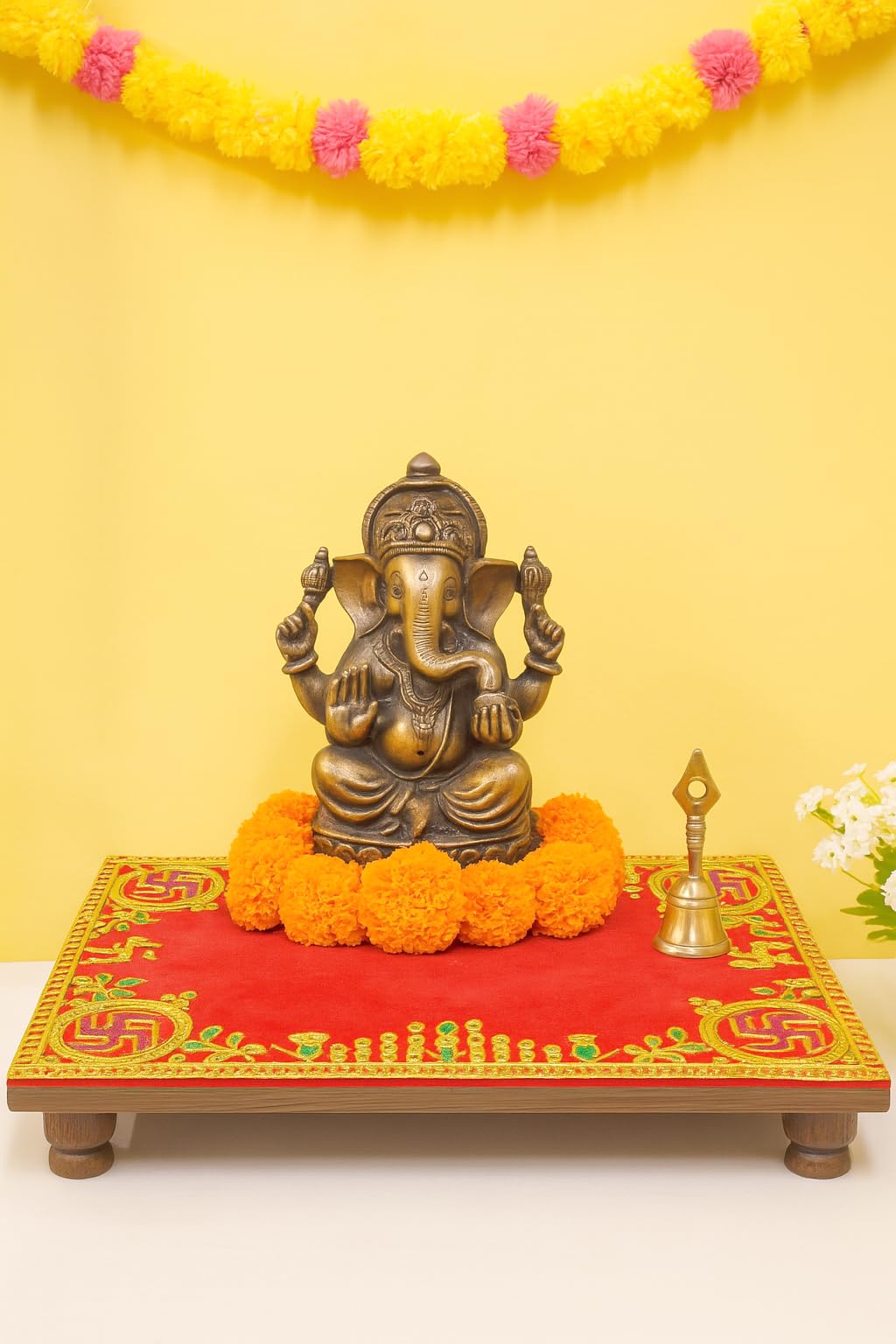 Achleshwar Designer Velvet Embroidered Pooja Aasan Cloth 8x10 inch RED | Chowki Aasan for God Idol | Mandir Table Altar Cover for Temple, Puja Shelf, Diwali Decoration Pack 0f 1 3