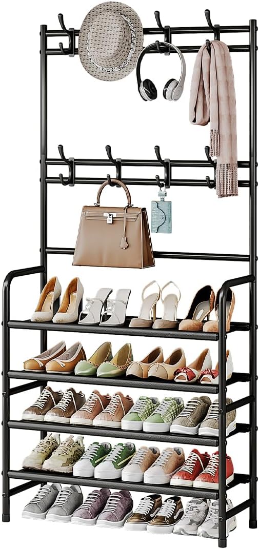 Coat Rack Shoe Rack With Storage Shelf Freestanding with 8 Hooks for Entryway Bedroom Closet 4 Tier, Black Black 4Tiers