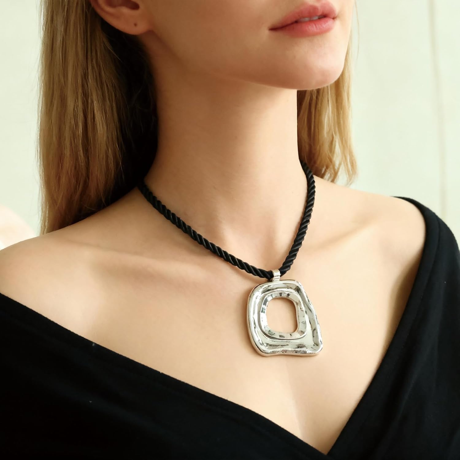 Chunky Gold Statement Necklaces Large Pendant Necklace Big Square Pendant Chunky Statement Jewelry Women 14K Gold Plated Black Rope - Image 2