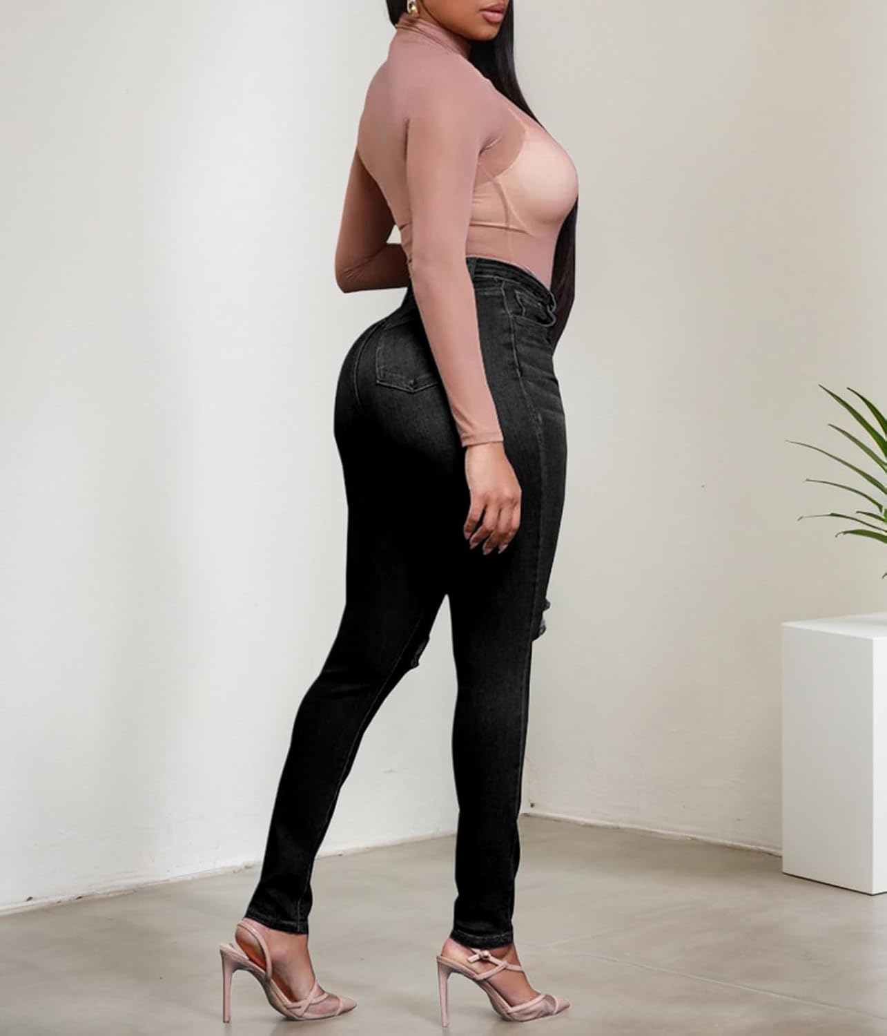 HugeNice Women's Mid-Rise Stretch Skinny Jeans Casual Slim Fit Elastic Waist Denim Pants - Image 3