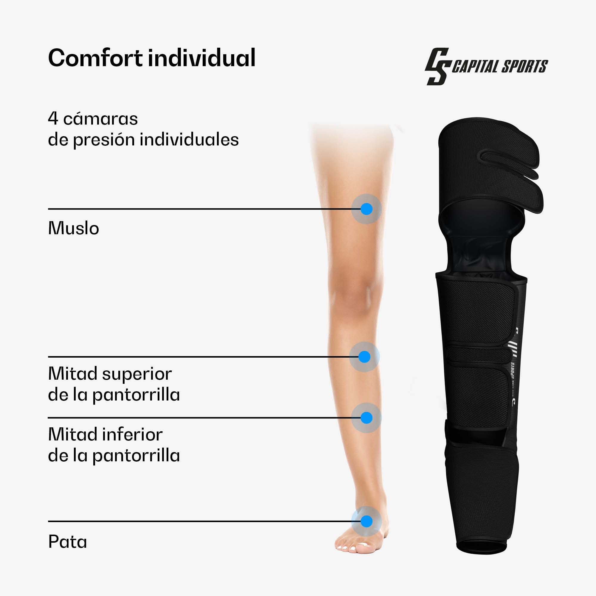 Capital Sports ReCrest Masajeador de Piernas – Masaje Completo de Piernas y Pies con Calor, 6 Modos, 3 Intensidades, 4 Cámaras de Presión para Alivio Muscular, Control Remoto y Temporizador Automático