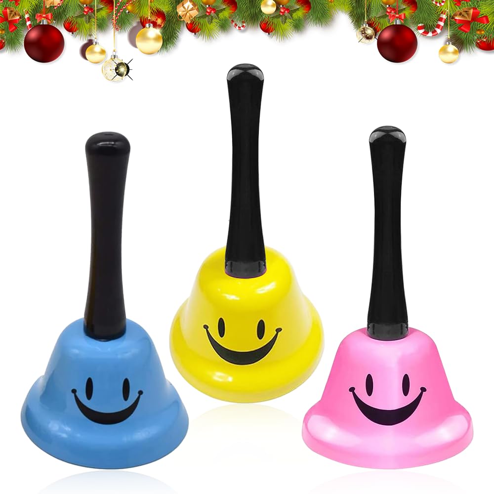 Udbrud 3 Stück Handglocke, Metall Tischglocke Rezeptionsklingel Lustig Lächeln Muster Tischklingel, Ring Service Glocke Multifunktionshandglocke für Schule, Kirche, Hotel, Weihnachten und Hochzeitsser