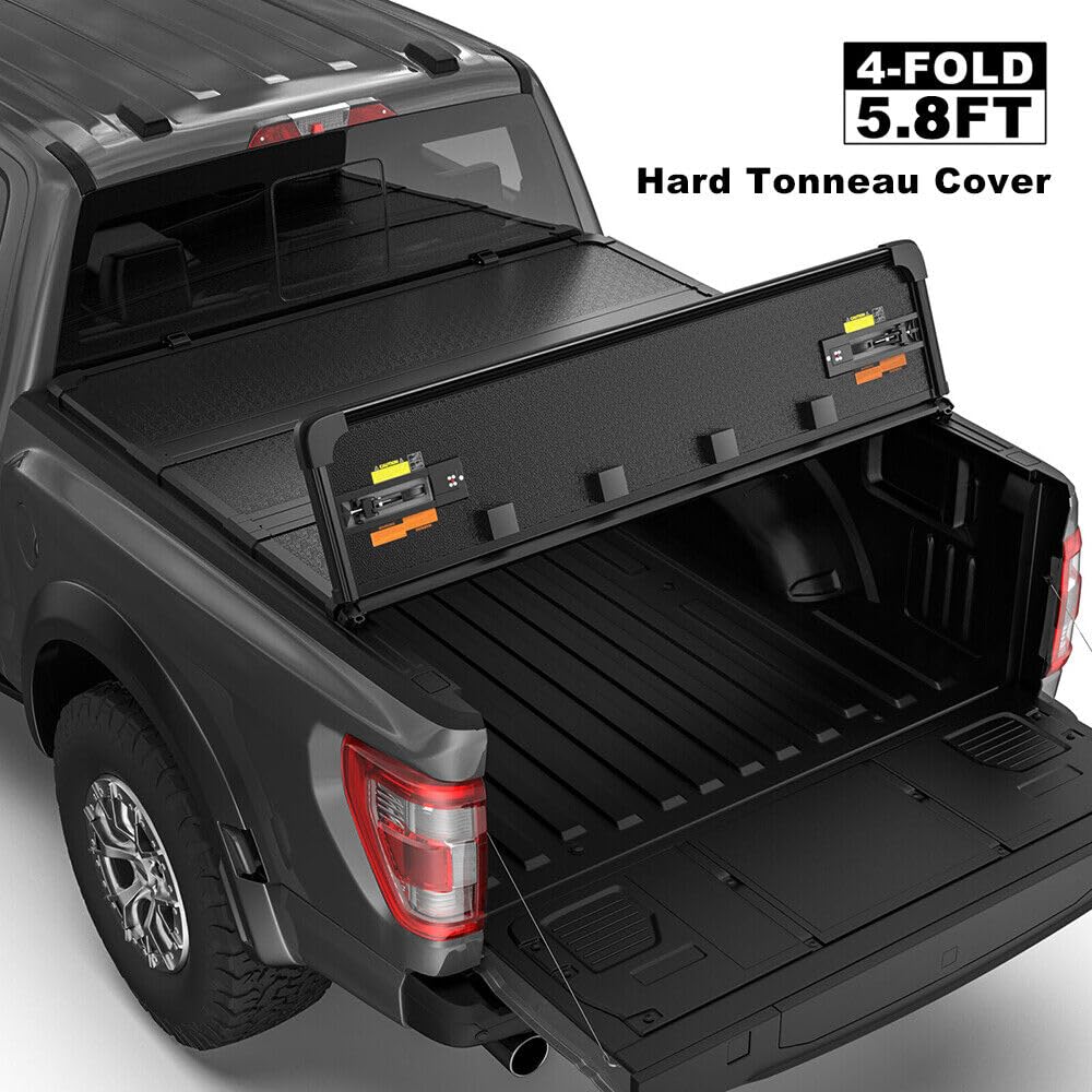 Condition photo showing New/Like New for hard 4 fold truck bed tonneau cover for 2019-2026 chevrolet silverado gmc sierra 1500 2500hd 3500hd 5.8 ft -69.6in truck bed cover with led light