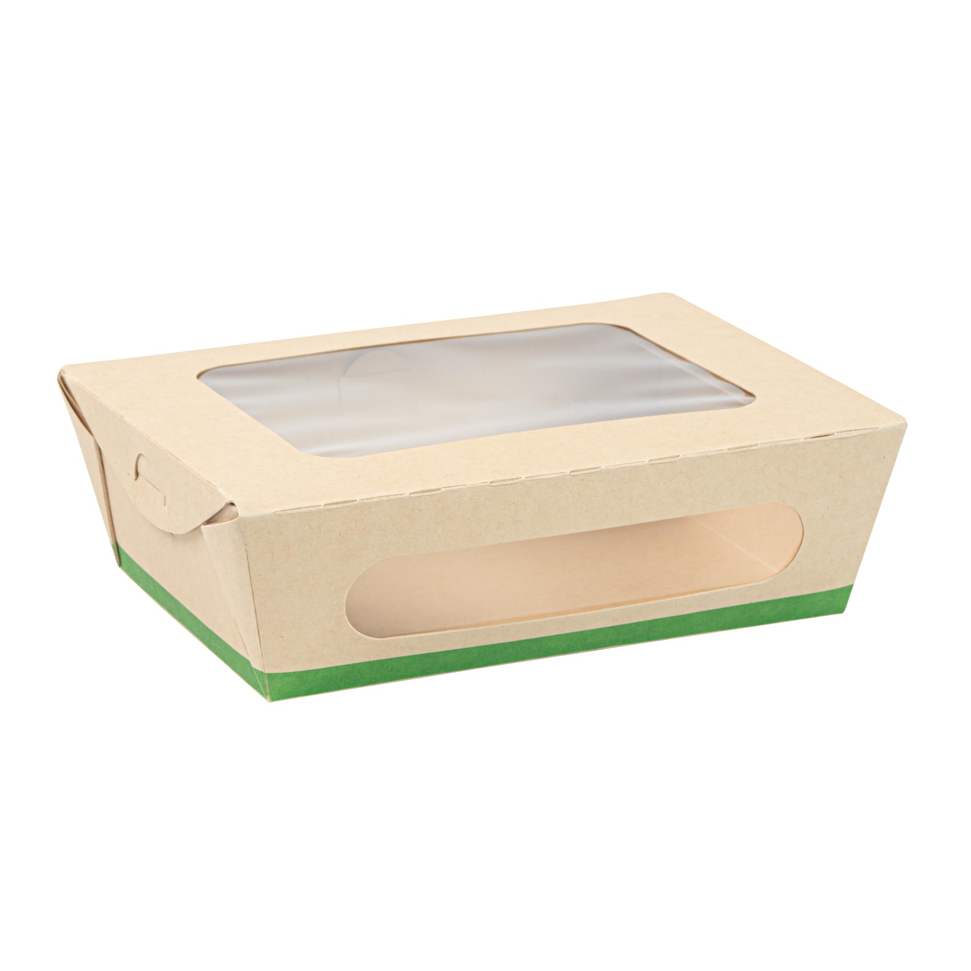 Restaurantware - Cajas de papel resistentes de 28 onzas, 50 recipientes desechables para alimentos, con forro de ácido poliláctico, dos ventanas transparentes de ácido poliláctico, contenedores de