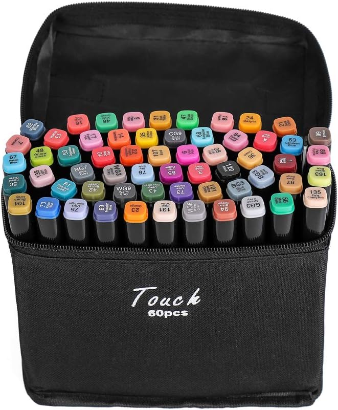 Vallteng 60 Colors Graphic Marker Pen Dual Tip Sketch Pen Twin Marker Double Ended Finecolour Sketch Marker Broad and Fine Point Tip with Black Bag