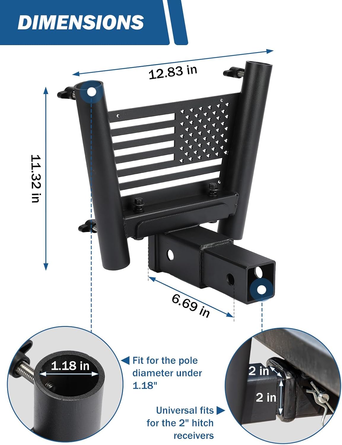 JOYTUTUS Dual Hitch Flag Pole Holder for Standard 2 Inch Receivers, Fits Trucks SUV RV Pickup Camper Trailer Double Hitch Mount Flagpole Holder with Hitch Receiver