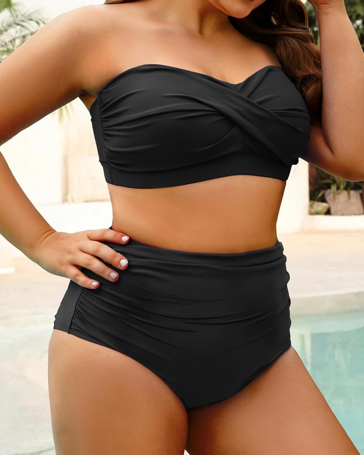 Yonique Women Plus Size Two Piece Swimsuits High Waisted Bathing Suits Bandeau Bikini Tummy Control Swimwear
