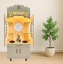 Alpine Willow Wooden Temple for Home | 145x60x35 cm | Pre-Assembled Modern Pooja Mandir with LED Light, Storage Cabinet & OM Design | Engineered Wood Pooja Stand for Living Room & Offices | Devghar