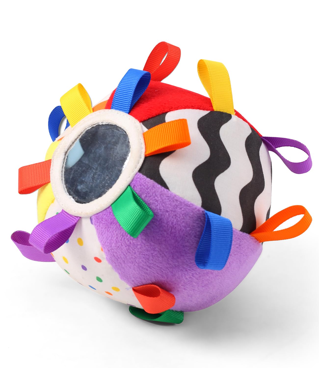 Intellibaby Tug N Touch Wonder Ball for Babies, Multi-Sensory Activity Plush Toy, Colourful Tags, Safe Mirror Textured Patches High Contrast Patterns, BIS Certified, Ideal for Gifting, 0 Months+-image-21