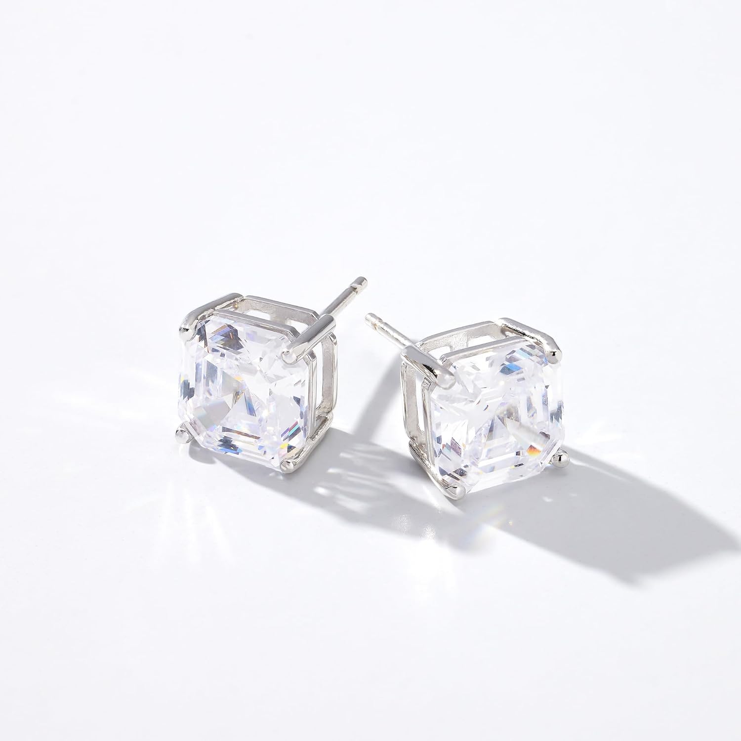 JTV Asscher Cut White Cubic Zirconia Earrings – Set of 2, 4.25 CTTW – Rhodium Over Sterling Silver Studs, Hypoallergenic Fine Jewelry for Women - Image 4