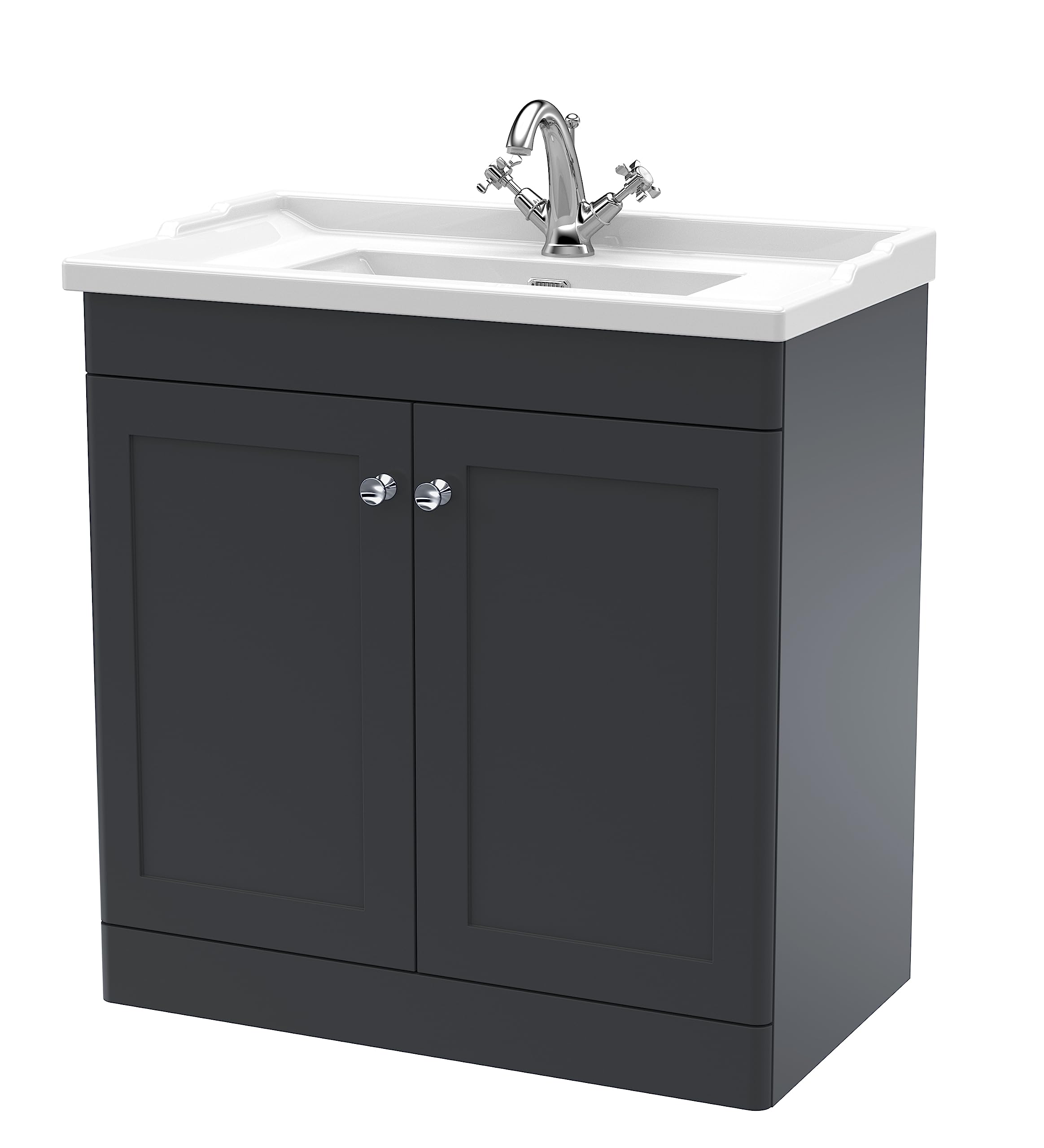 nuie CLC1426F Classique Traditional Bathroom Floor Standing 2 Door Vanity Unit & 1 Tap Hole Ceramic Basin, 800mm, Soft Black