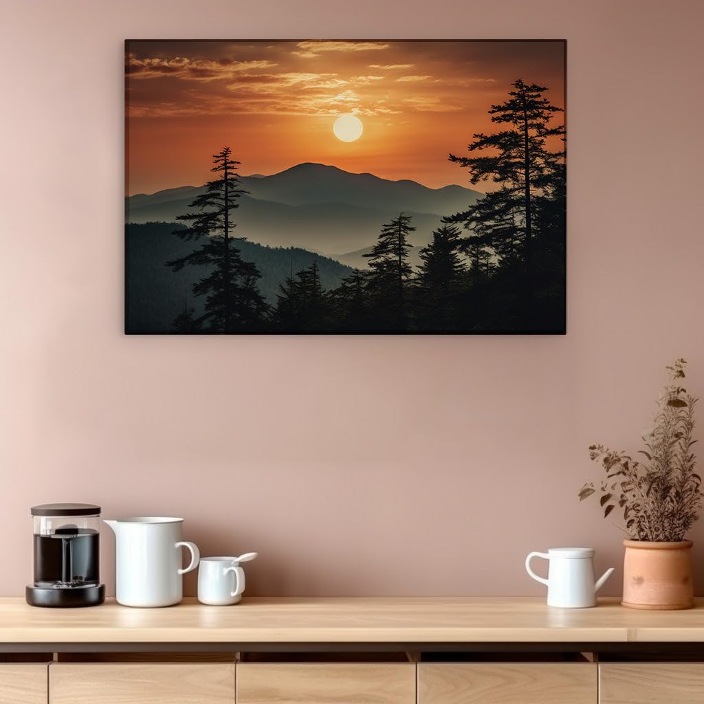 Canvas for Living room. Sunset Serenity Over Whispering Mountains, 27 x 18 inch Canvas Wall Art - Surrealistic Visions - Modern Home Decor
