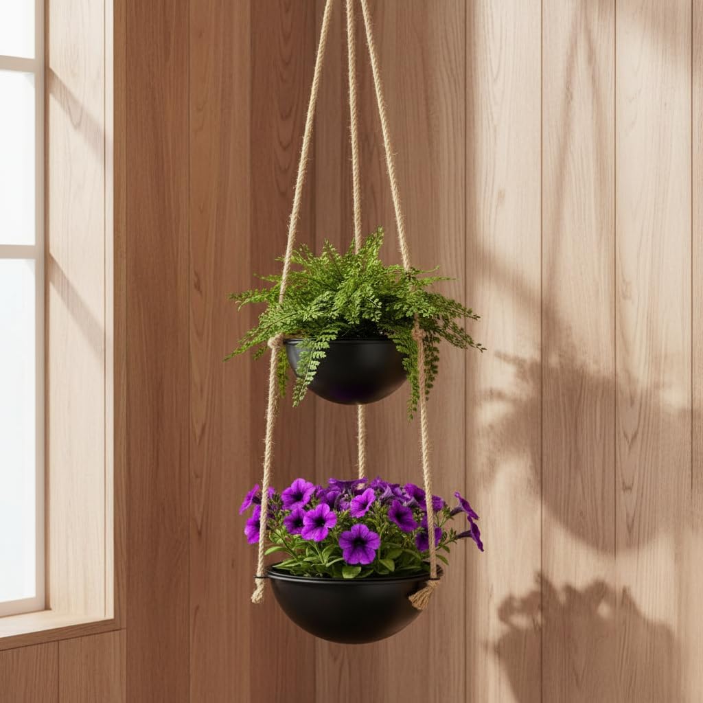 Decozen Hanging Planters Pot with Jute Rope and Metal Hanger - Flower Plant Holders for Indoor Outdoor Front Porch Patio Home Living Room Garden Decor - Set of 1
