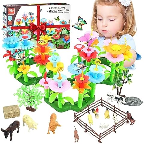 QMET Flower Garden Building Toys for Girls,160PC Birthday Toys Gifts for 3 4 5 6 7Years Old Toddlers Girls Boys Flower Stacking Puzzle Games (Poultry Flower Garden) Cover