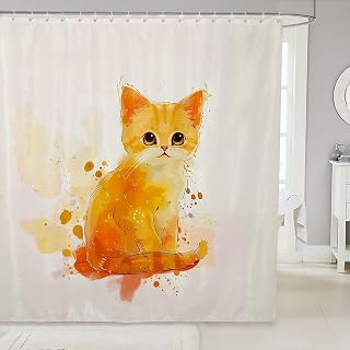 jejeloiu Cute Kitten Shower Curtain for Bathroom Decor Kawaii Cat Bath Curtain for Stalls Bathtubs Pet Animal Bathroom Accessories Orange Cat Waterproof Polyester Fabric with 12 Hooks 72"x72"