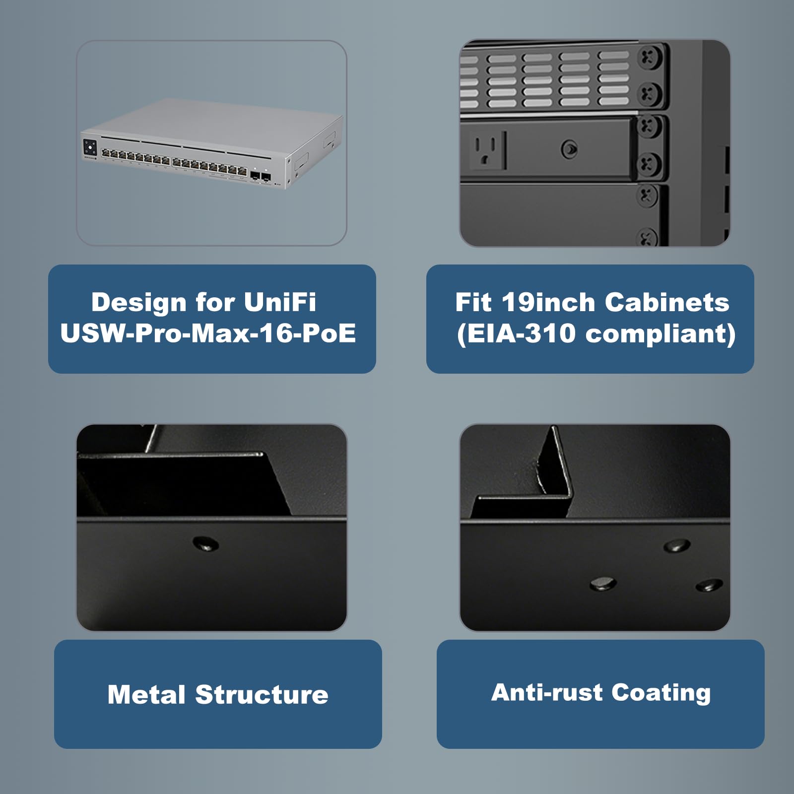 Supporto rack in metallo 1U da 19 pollici per UniFi Switch Pro Max 16 PoE, scaffale rack per server in acciaio verniciato a polvere nero Supporto per switch di rete sicuro 1U con flusso d'aria