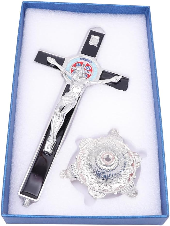 GlaryHome 9 Inch Big Black Enamel Standing Wall Crucifix Cross with Base