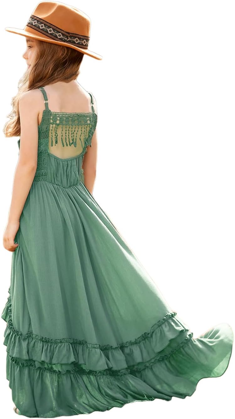 BIBIHOU Girls Kids Lace Backless Boho Holiday Wedding Maxi Flower Girl Dress Agave 8 Years