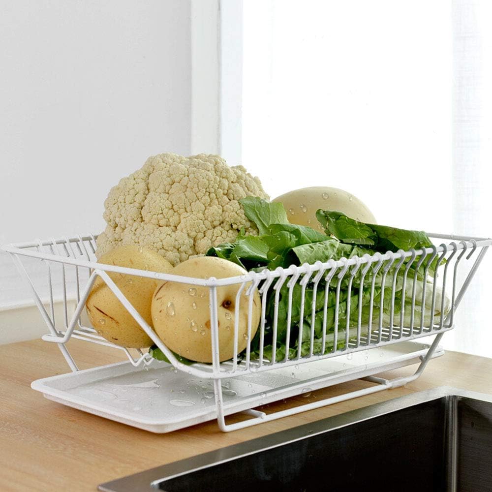Metal Dish Drainer Rack Kitchen Dish Storage Rack, White Dish Rack Organizer with Removable Drip Tray, Simple Dish Drying Rack