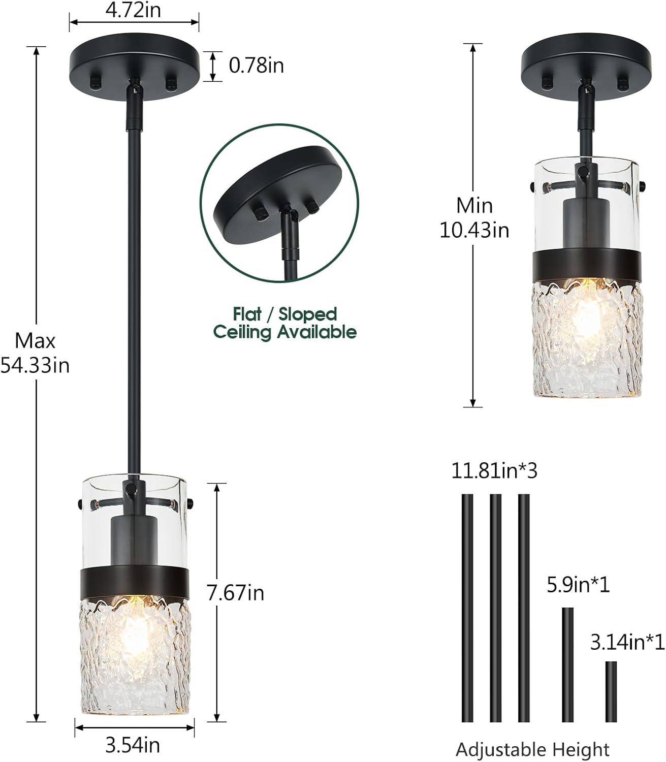 Modern Black Pendant Light Adjustable Hanging Lighting Transparent Hammer Glass Chandelier for Kitchen Island Dining Room Bathroom Bedroom (2Pack)