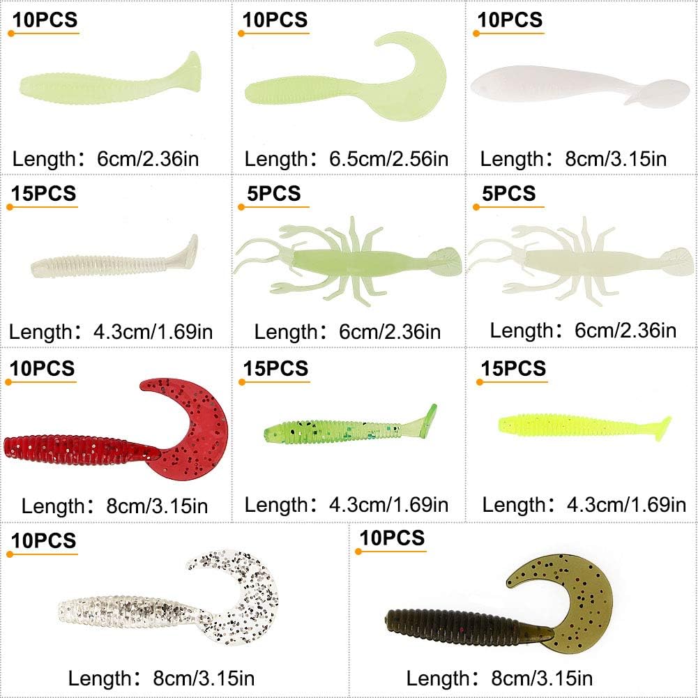 Fishing Grubs Paddle Tail Swimbaits Luminous Shrimp Soft Lures Kit for Bass Trout Walleye (115PCS)