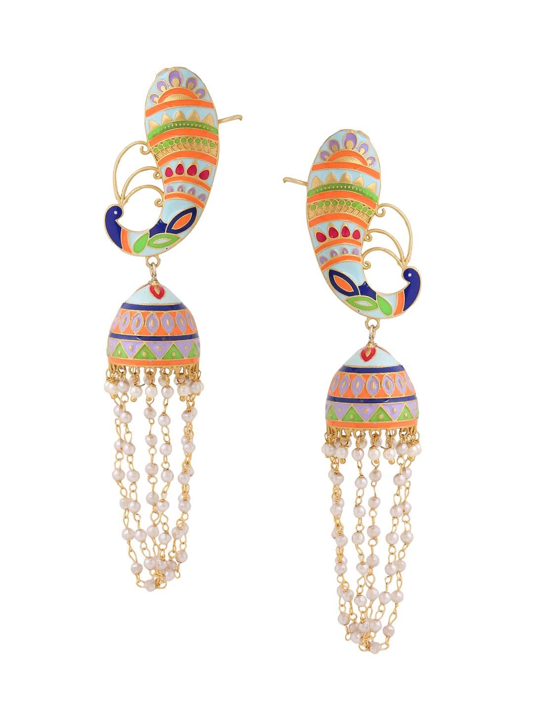 Celebravo Women's Brass & Crystal Gold Plated Jhumka Peacock Design Hanging Earring |Traditional Earring