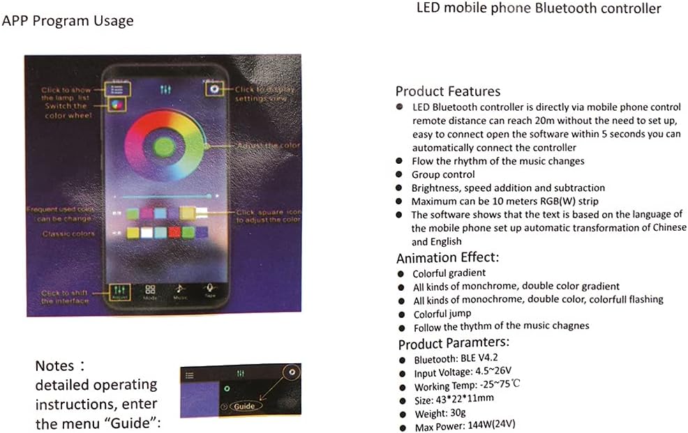 Screenshot of the LED mobile phone Bluetooth controller app interface, showing color wheel, modes, and settings.
