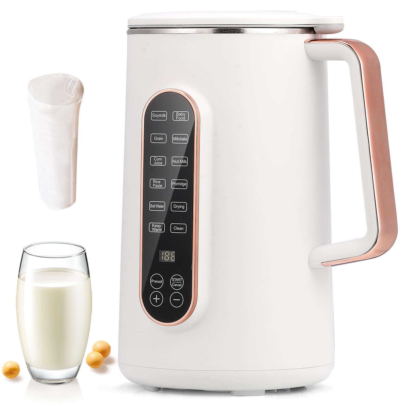 Moongiantgo 40oz Soy Milk Maker, 8-1 Automatic Almond Milk Maker Machine, Plant-Based Milk, Oat Milk, Dairy Free Beverages, 10 Blades Nut Milk Maker with 12h Delay Start/Keep Warm/Auto Clean, White