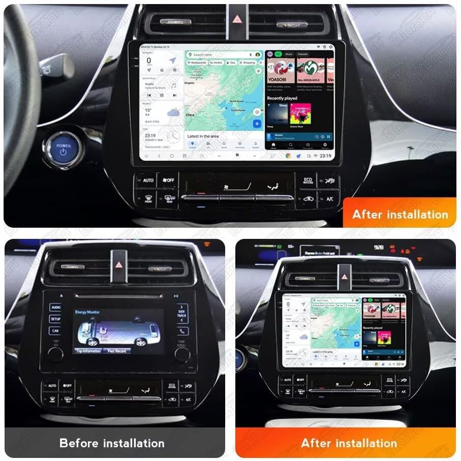 Comparison image showing a Toyota Prius XW50 dashboard before and after installation of the DUDUAUTO car stereo. The 'Before installation' image shows the original smaller screen, while the 'After installation' image shows the larger 9.5-inch DUDUAUTO unit seamlessly integrated.