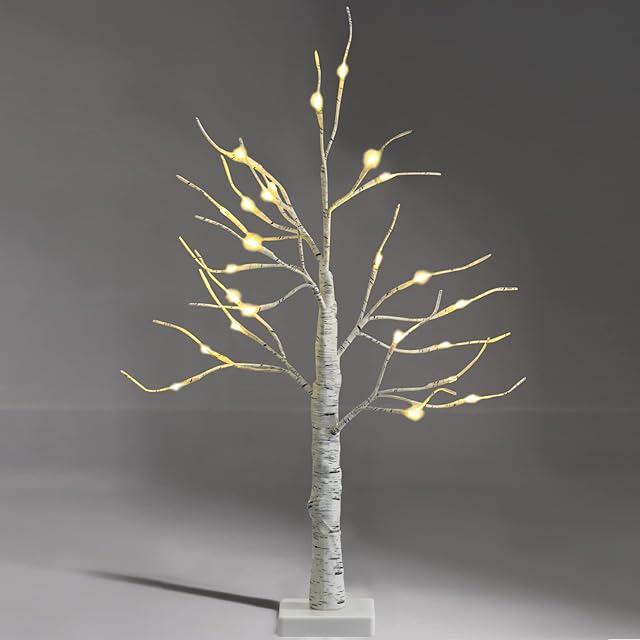 GYMAX 2FT/4FT Artificial White Birch Tree, Pre-lit Twig Birch Tree Designed with Warm White LED Lights, Christmas Traditional Decoration for Indoor Party Carnival Use (60cm/2FT)