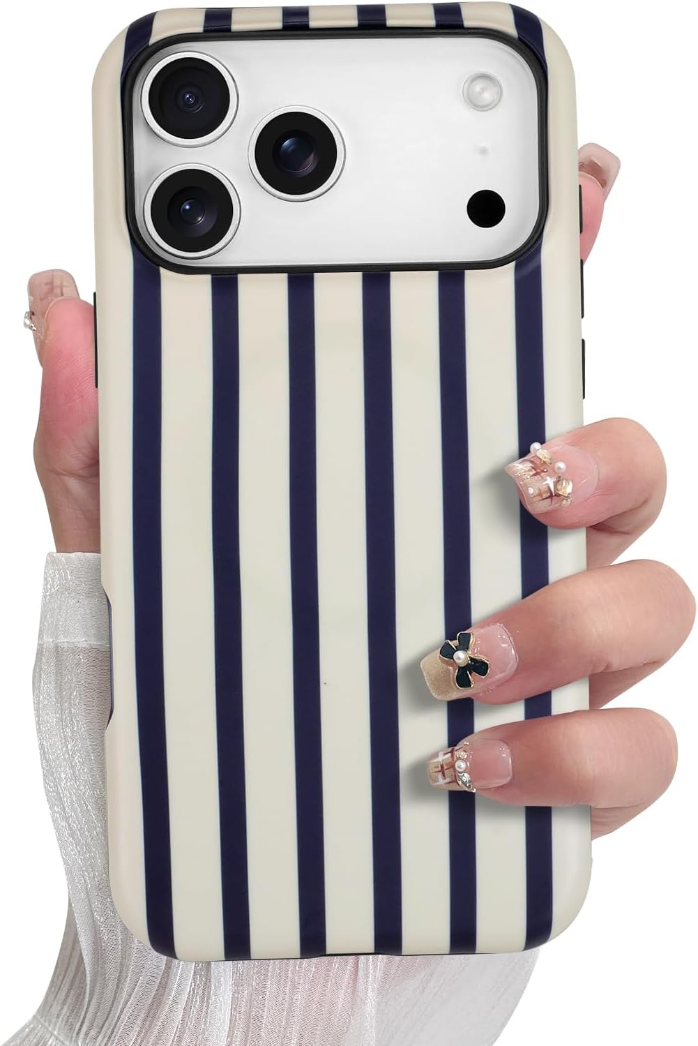 SOKAD Magnetic Vertical Stripes Phone Case for iPhone 17 Pro Max, Cute Navy Blue Striped Line Pattern Compatible with Magsafe Matte Protective Case Cover with Screen Protector for Girls Women
