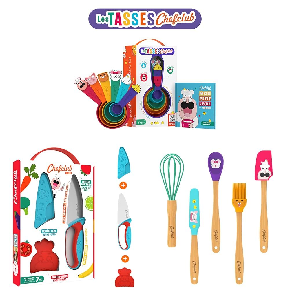 Chefclub Kids - Couteau Sécurisé + Mini-Ustensiles + Recettes Illustrées + Tasses Doseuses - Apprentissage Cuisine Ludique - Enfants dès 4 Ans - Silicone Sans BPA - Idée Cadeau Éducatif