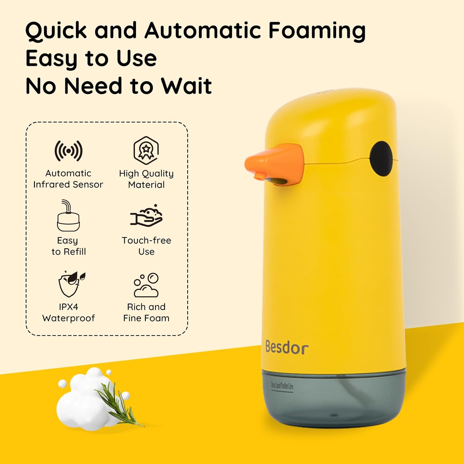 Besdor Automatic Soap Dispenser, Yellow Duck Cute Touchless Soap Dispenser, Infrared Sensor, Battery Powered, for Bathroom Kitchen