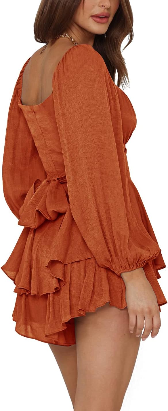 LYANER Women's Jumpsuit Lantern Long Sleeve Ruffle Layer Tie Mini Short Romper - Image 3