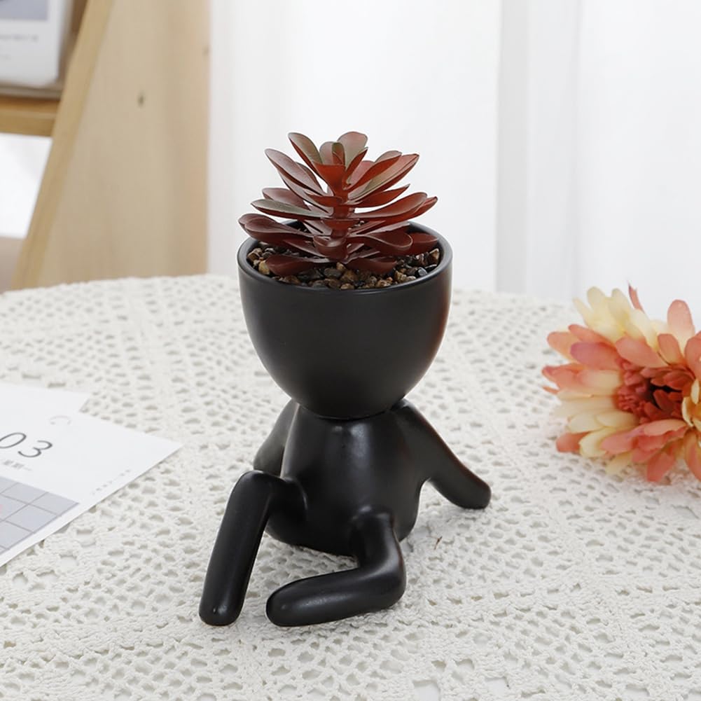 Lot de 4 plantes succulentes artificielles noires, pots créatifs en forme de personne, petits pots décoratifs artisanaux