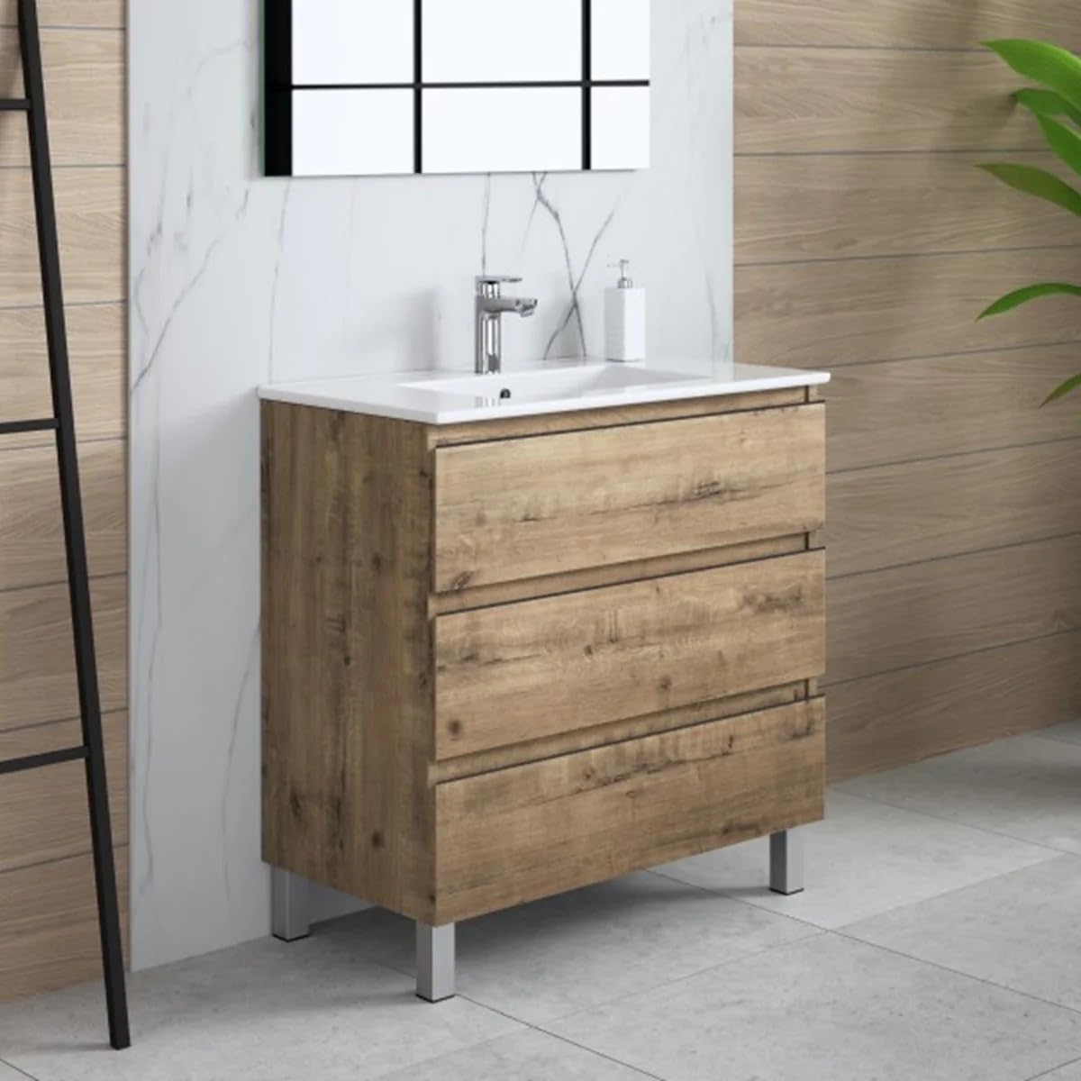 Aquore | Mueble Baño Sevilla A Suelo 3 Cajones con Lavabo | Color Roble Ostippo | Ancho 100 cm x Fondo 44 cm x Altura 81 cm Desde Suelo