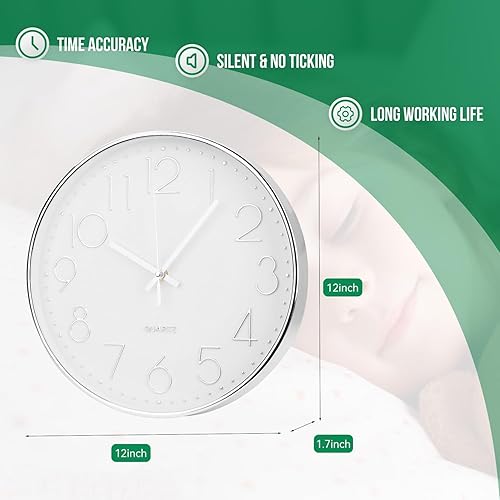 Miniatura 3 de bakbrand Reloj de pared de 12 pulgadas sin tictac, silencioso, moderno, simple, redondo, decoración redonda, esfera estereoscópica, reloj de pared