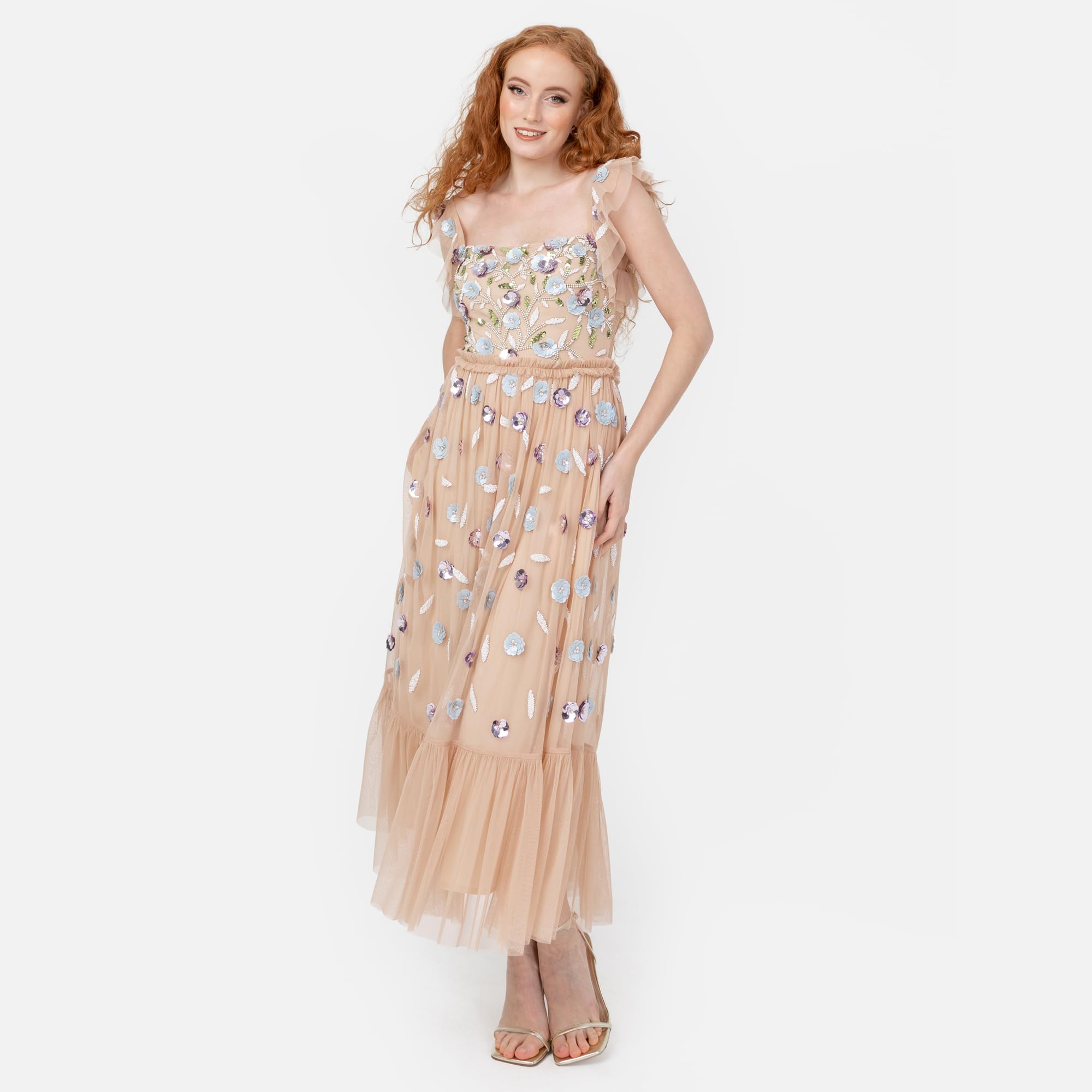 Maya Deluxe Damska sukienka Midaxi Ruffle Short Sleeve Square Neck Sequin Embellished Shirred Back Frills A-line Wedding Guest Nude 42, nude, 42
