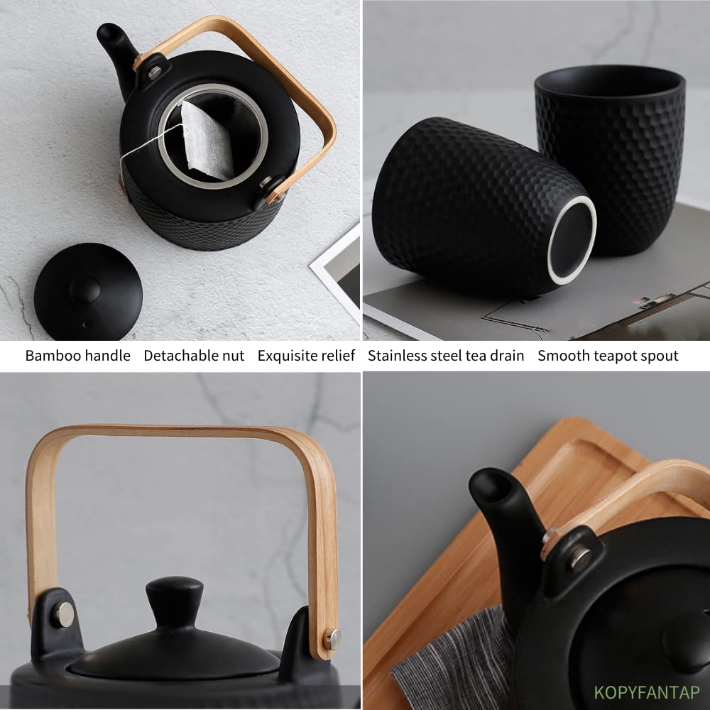 Japoński Porcelanowy Zestaw do Herbaty, Zestaw Ceramicznych Czajników, 900 ml Dzbanek z 1 Sitkiem, 4 Filiżanki do Herbaty 180 ml, szkliwy | Dzbanek do herbaty 900 ml z sitkiem i 4 filiżankami 180 ml, bambusowy uchwyt, na herbatę sypką, dla miłośników herb
