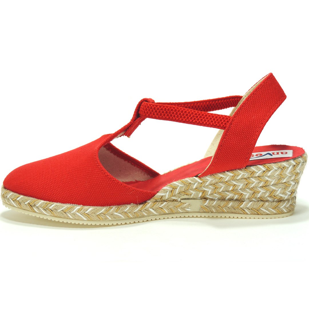 Alpargatas Valencianas Zapatillas para Mujer. Marca ANVESA 419. Cuña de Esparto Cáñamo y Yute - Marca Sevillas - Ajuste con Elástico Rojo Talla 39