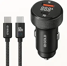 Carregador Veicular Turbo 60W Para Automóvel Carregador de Carro Duas Entradas com Carregamento Super Rápido + Cabo USB-C Premium Compatível Com Dispositivos IOS e Android