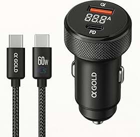 Carregador Veicular Turbo 60W Para Automóvel Carregador de Carro Duas Entradas com Carregamento Super Rápido + Cabo USB-C Premium Compatível Com Dispositivos IOS e Android