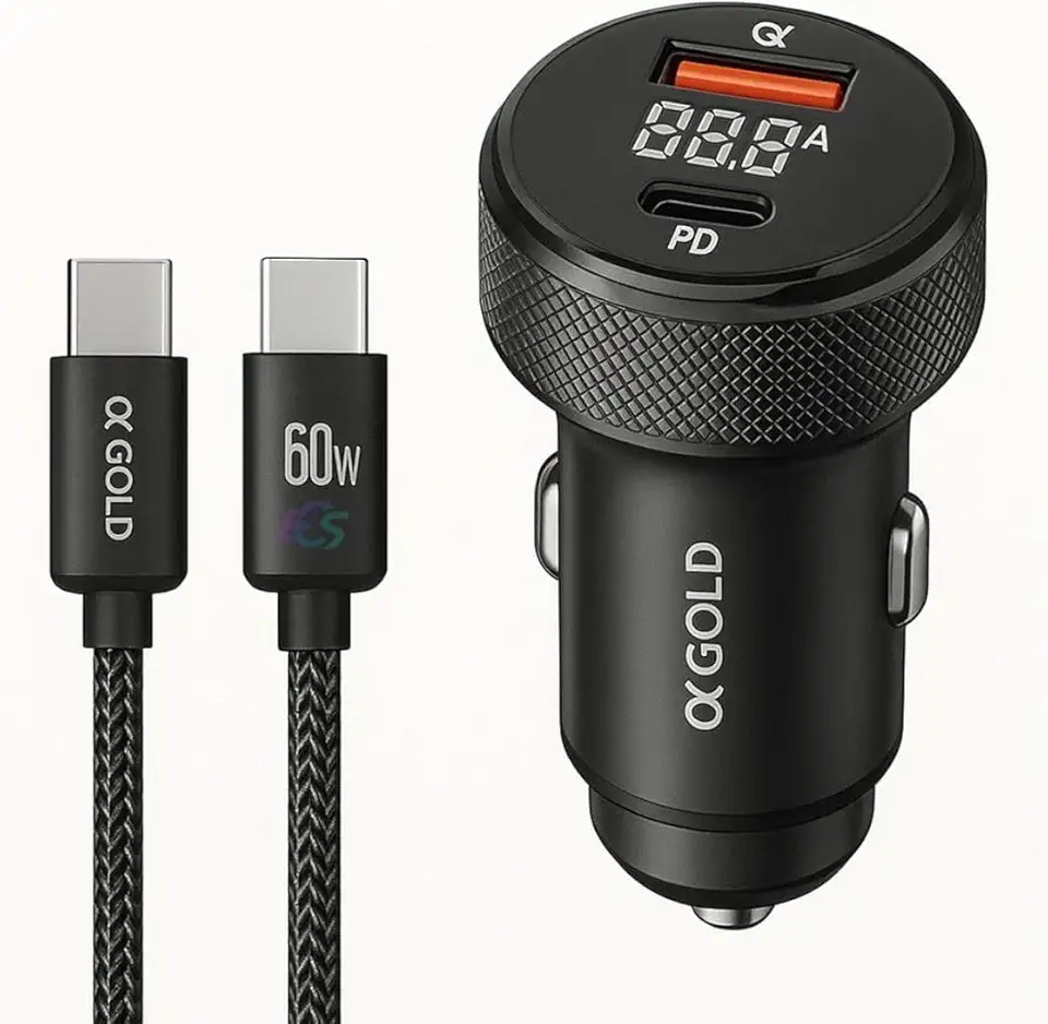 Carregador Veicular Turbo 60W Para Automóvel Carregador de Carro Duas Entradas com Carregamento Super Rápido + Cabo USB-C Premium Compatível Com Dispositivos IOS e Android