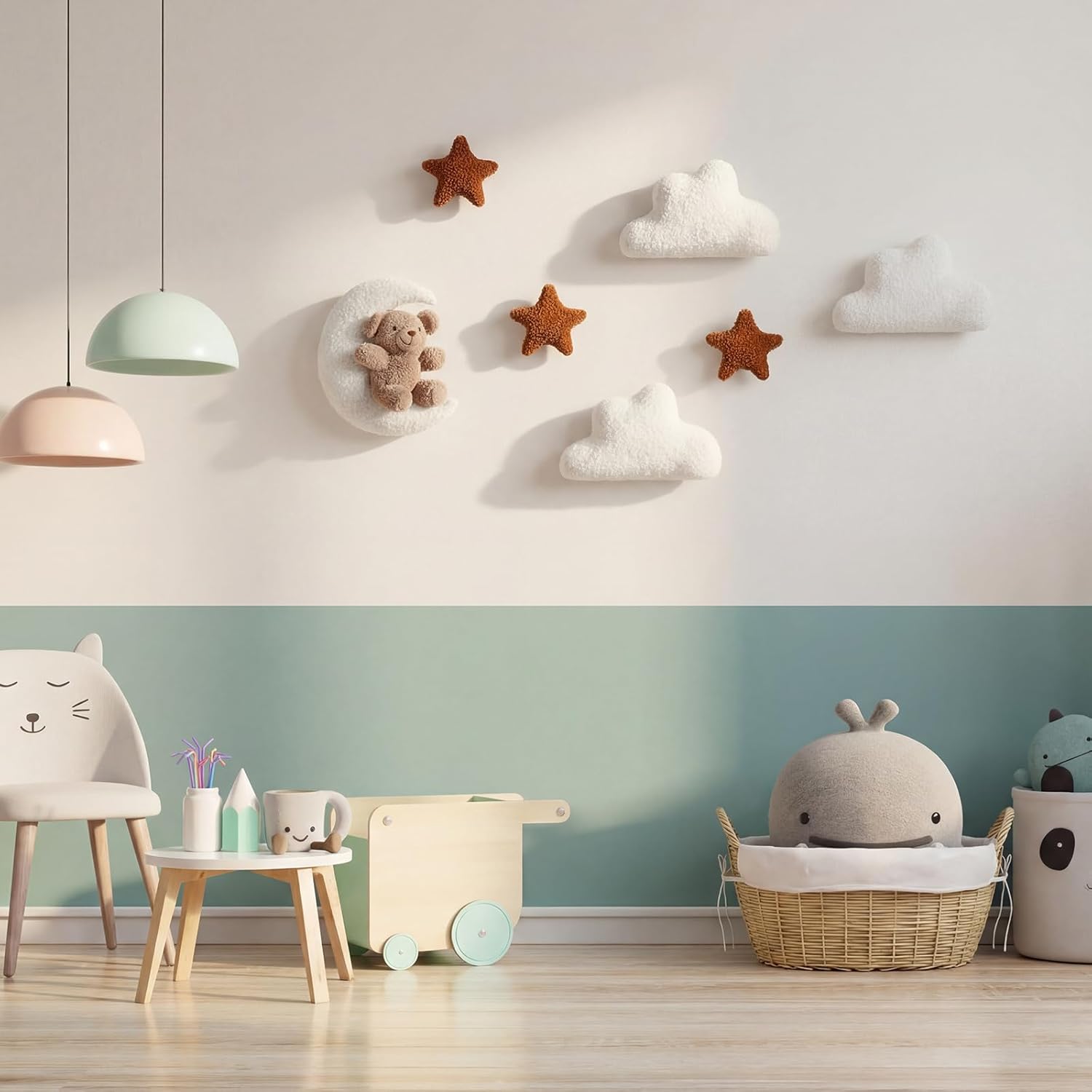 Chumia 7 Pcs Teddy Bear and Moon Wall Decor Nursery Wall Art with Clouds Stars Soft Plush Baby Room Decor Gender Neutral for Bedroom Decoration (Ivory Caramel)