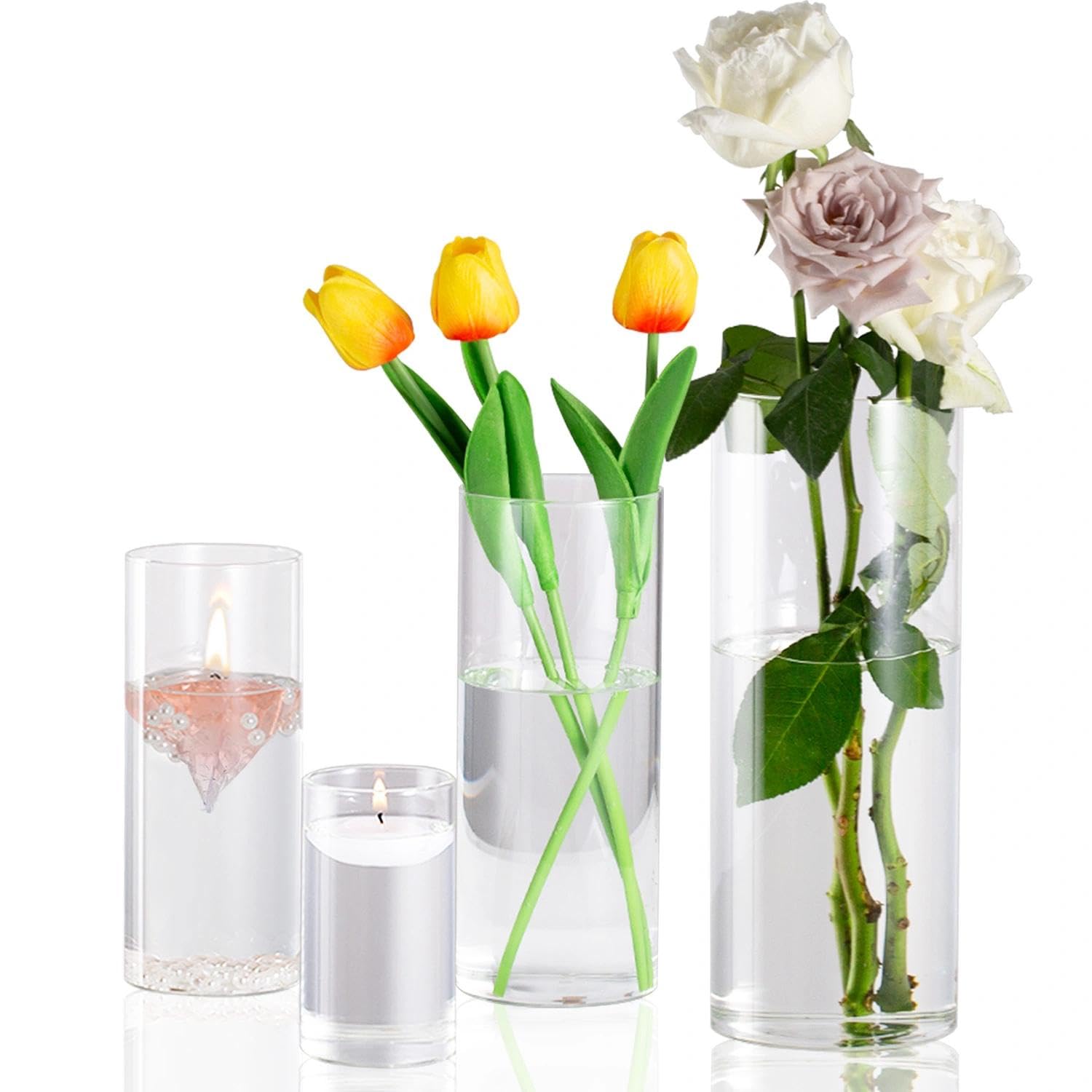 Glass vase set, Set of 4, Cylindrical shape, Transparent, for roses and tulips, Modern table decoration, Flower vase for wedding and living room (10, 15, 20, 25 cm, 4 PCS)